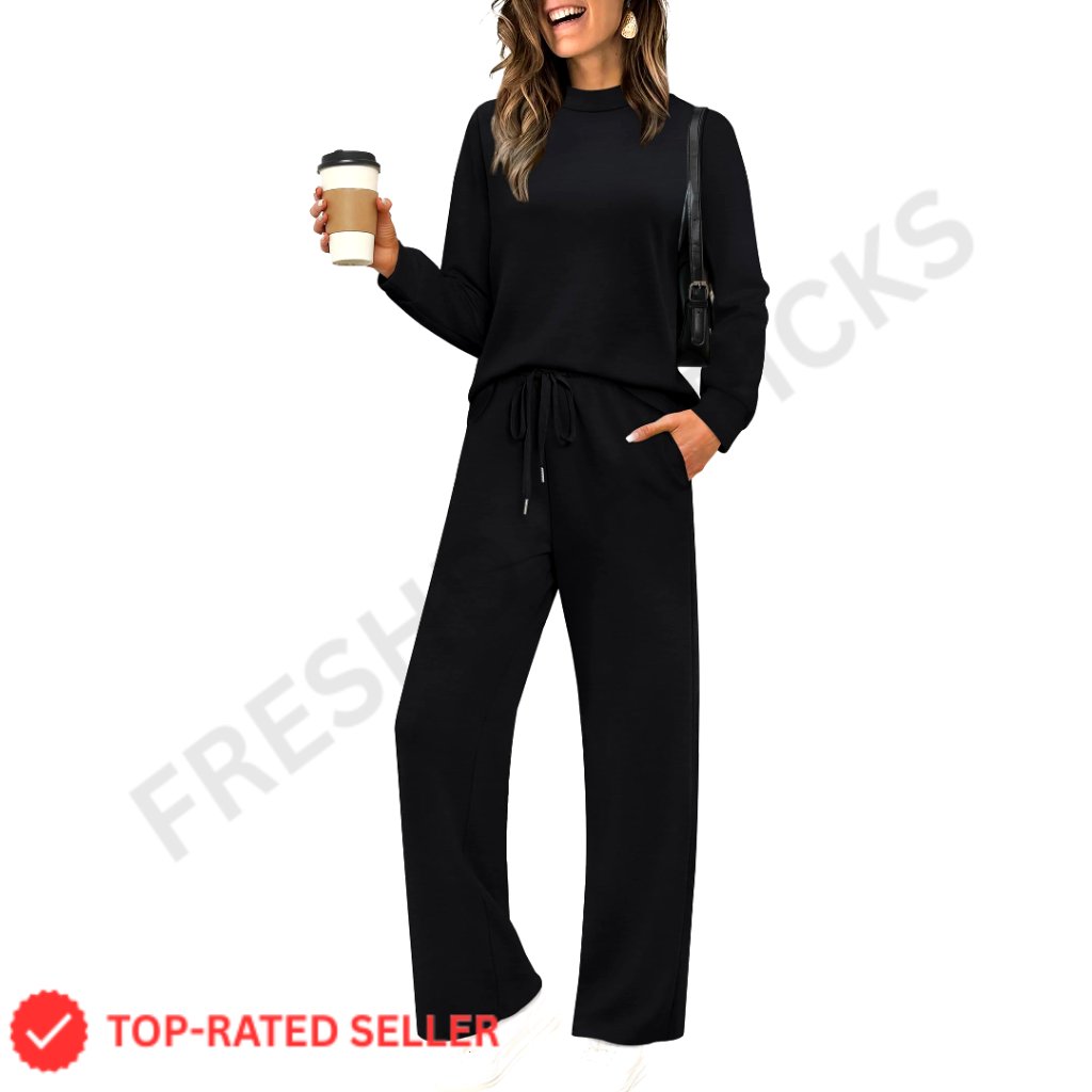 Mock Neck Two Piece Set Loungewear Matching Outfit Long Sleeve Wide Leg Pants